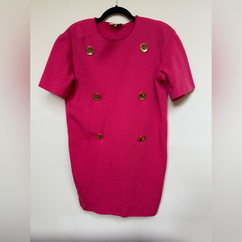 Gianfranco Ferre Vintage Bright Pink Wool Shift Dress with Gold Buttons